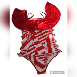 IFFEI Women Red & White Striped One Piece Swimsuit Ruffle Size Large
